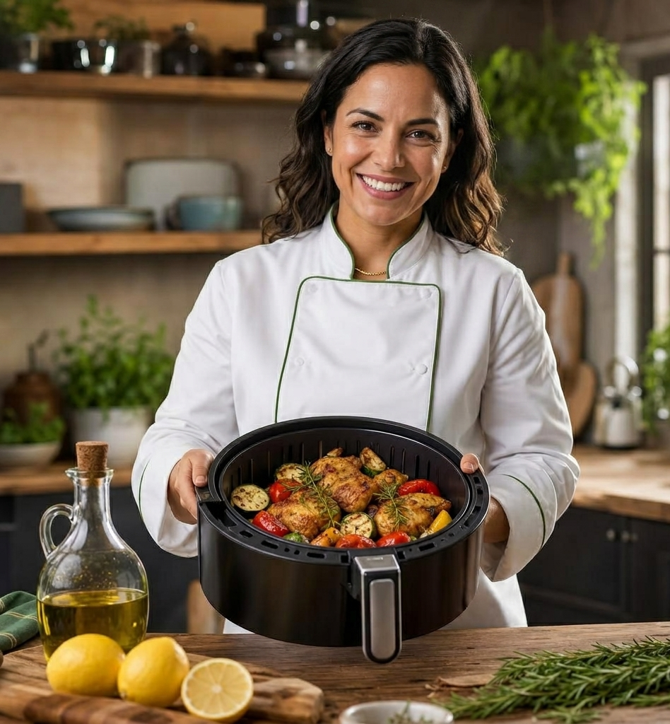 Clara Aguiar sosteniendo una canasta de air fryer con papas doradas